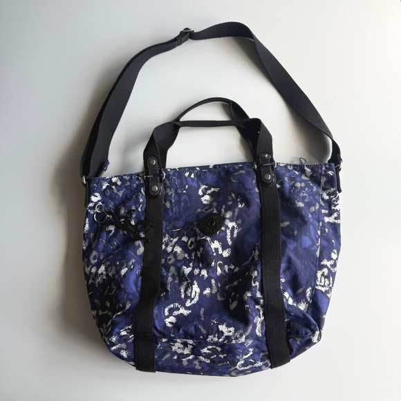 Kipling Handbags - Kipling Adara Ripple Print Monkey Charm Blue Black Top Zip Shoulder Tote Bag